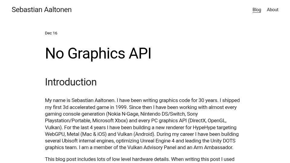 Screenshot of sebastianaaltonen.com: No Graphics API