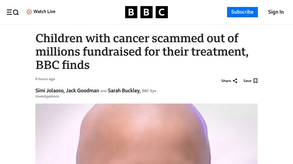 Screenshot of bbc.com: Children with cancer scammed out of millions fundraised for their treatment