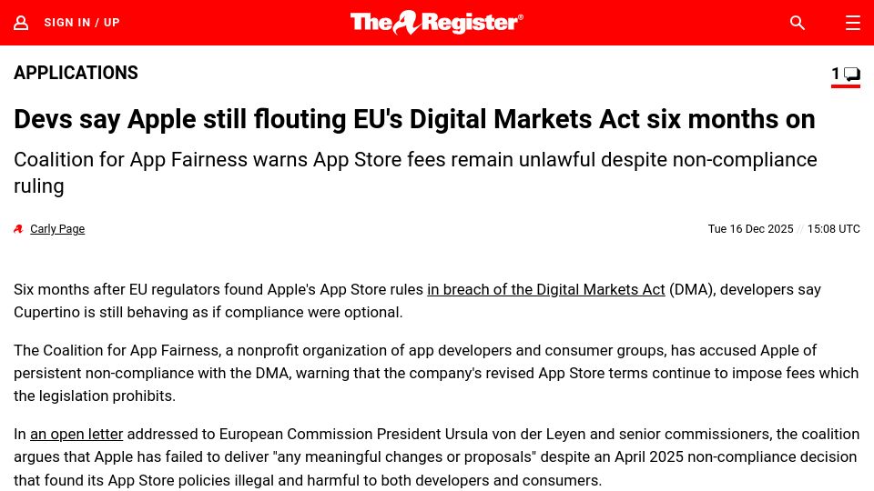 Screenshot of theregister.com: Devs say Apple still flouting EU's Digital Markets Act six months on