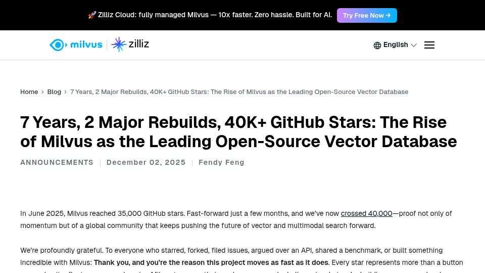 Screenshot of milvus.io: 7 Years, 2 Rebuilds, 40K+ Stars: Milvus Recap and Roadmap