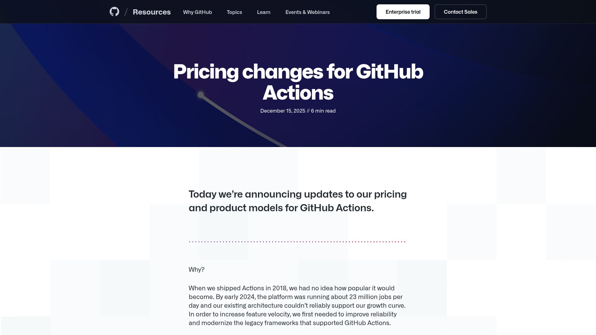 Screenshot of resources.github.com: Pricing Changes for GitHub Actions