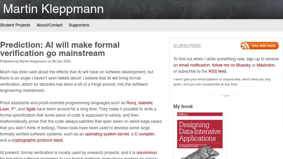 Screenshot of martin.kleppmann.com: AI will make formal verification go mainstream