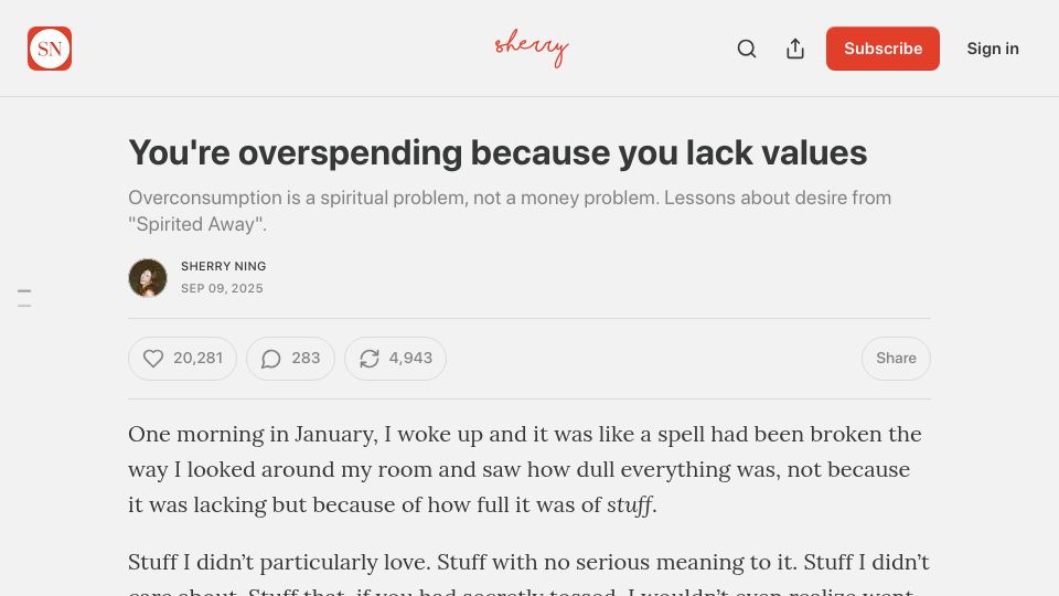Screenshot of sherryning.com: You're overspending because you lack values