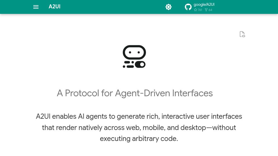 Screenshot of a2ui.org: A2UI: A Protocol for Agent-Driven Interfaces