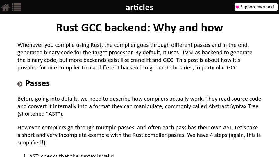 Screenshot of blog.guillaume-gomez.fr: Rust GCC backend: Why and how