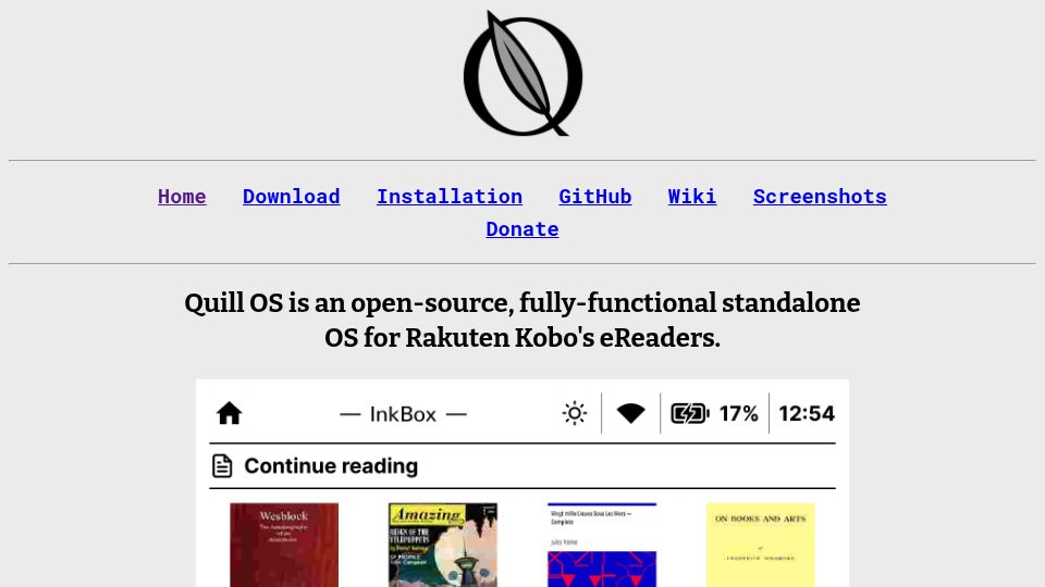 Screenshot of quill-os.org: Quill OS: An open-source OS for Kobo's eReaders