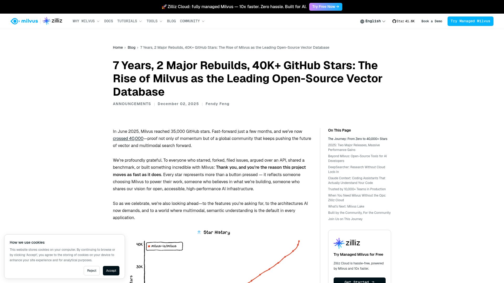Screenshot of milvus.io: 7 Years, 2 Rebuilds, 40K+ Stars: Milvus Recap and Roadmap