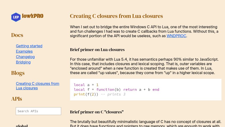 Screenshot of lowkpro.com: Creating C closures from Lua closures