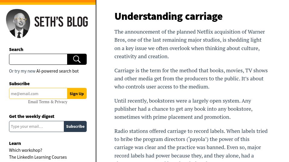 Screenshot of seths.blog: Understanding carriage