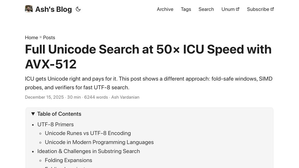 Screenshot of ashvardanian.com: Full Unicode Search at 50× ICU Speed with AVX‑512