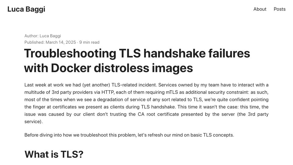 Screenshot of lucabaggi.com: Debugging TLS failures in distroless containers