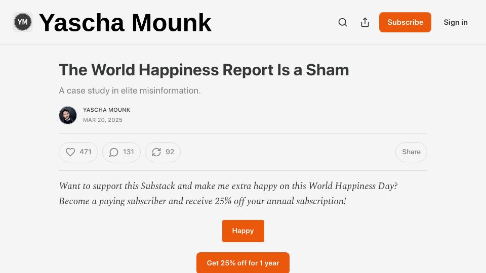 Screenshot of yaschamounk.substack.com: The World Happiness Report is beset with methodological problems