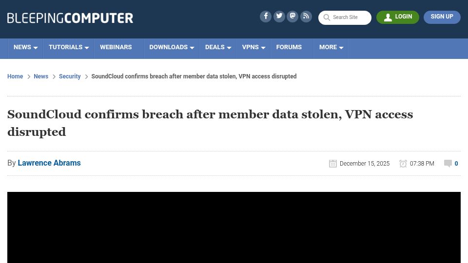 Screenshot of bleepingcomputer.com: SoundCloud confirms breach after member data stolen, VPN access disrupted