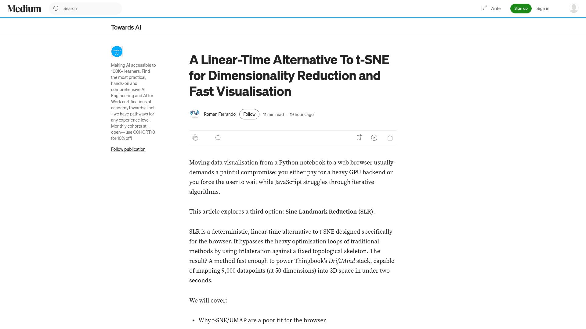 Screenshot of medium.com: A linear-time alternative for Dimensionality Reduction and fast visualisation
