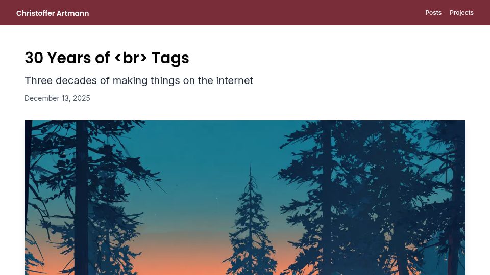 Screenshot of artmann.co: 30 years of <br> tags