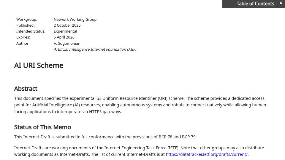 Screenshot of ietf.org: AI URI Scheme – Internet-Draft