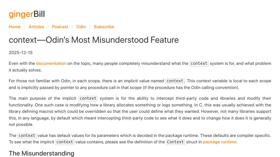 Screenshot of gingerbill.org: Context: Odin’s Most Misunderstood Feature