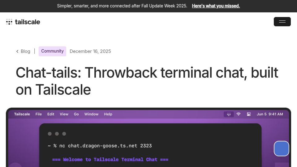 Screenshot of tailscale.com: Chat-tails: Throwback terminal chat, built on Tailscale
