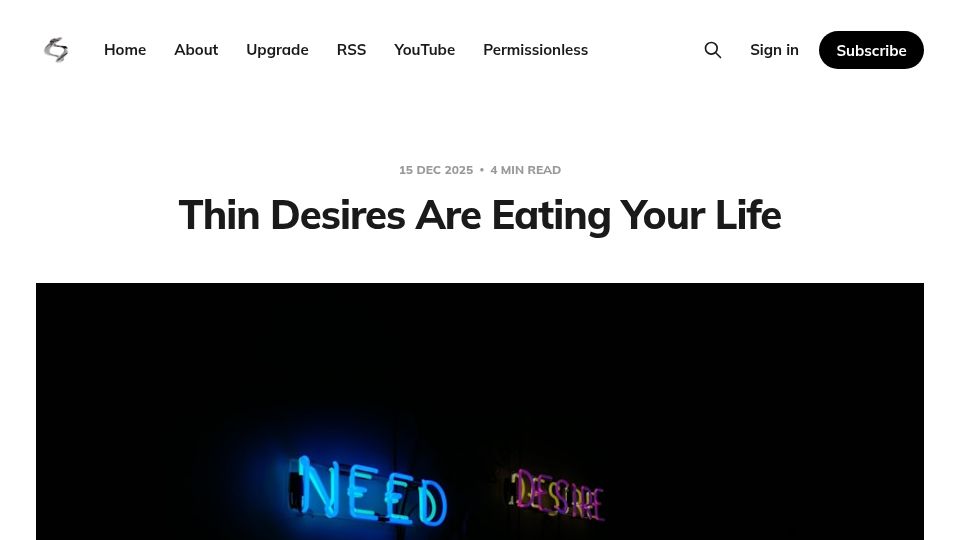 Screenshot of joanwestenberg.com: Thin desires are eating life