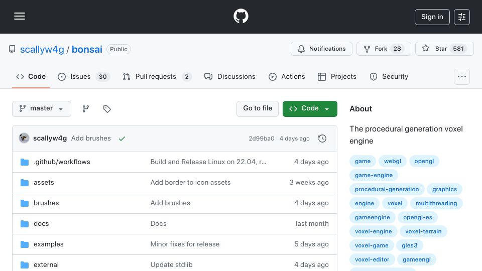 Screenshot of github.com: Bonsai: A Voxel Engine, from scratch
