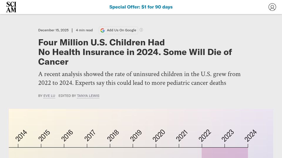 Screenshot of scientificamerican.com: Four Million U.S. Children Had No Health Insurance in 2024