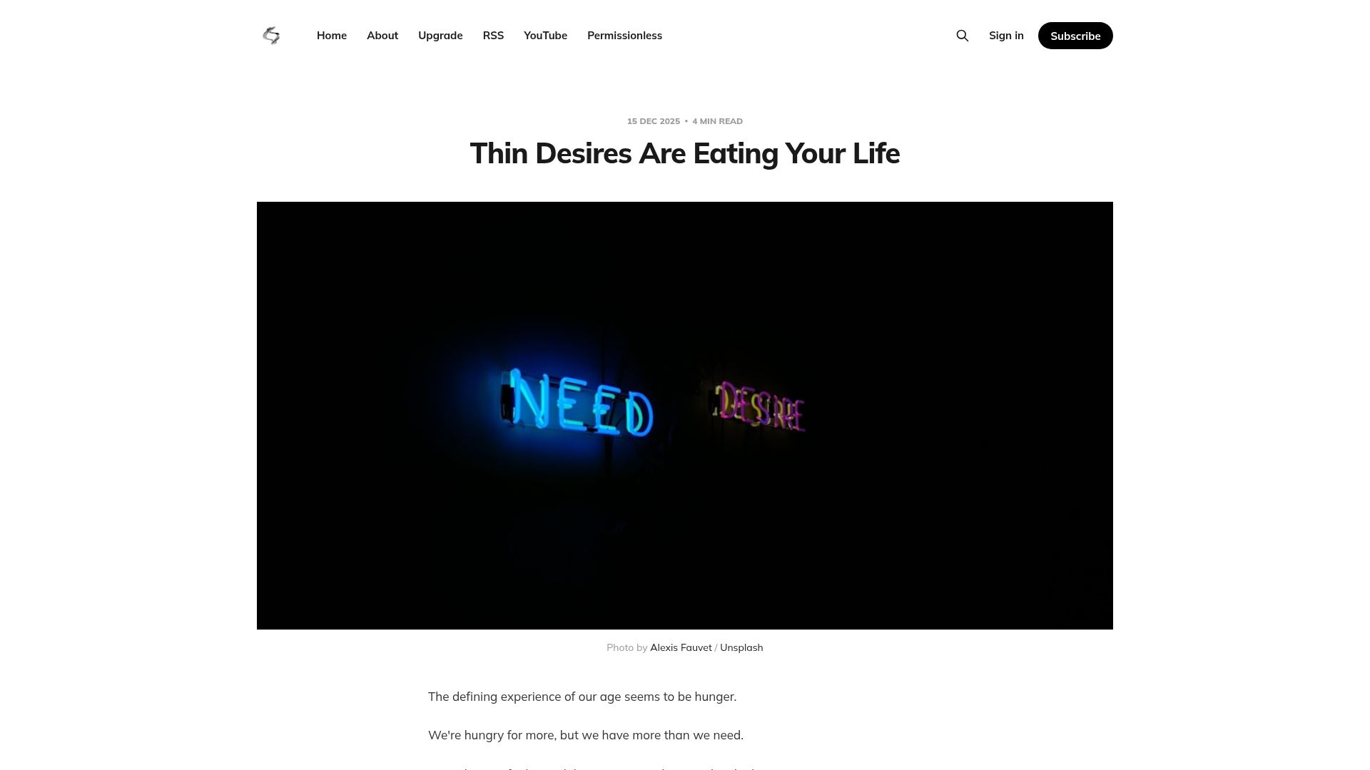 Screenshot of joanwestenberg.com: Thin desires are eating life