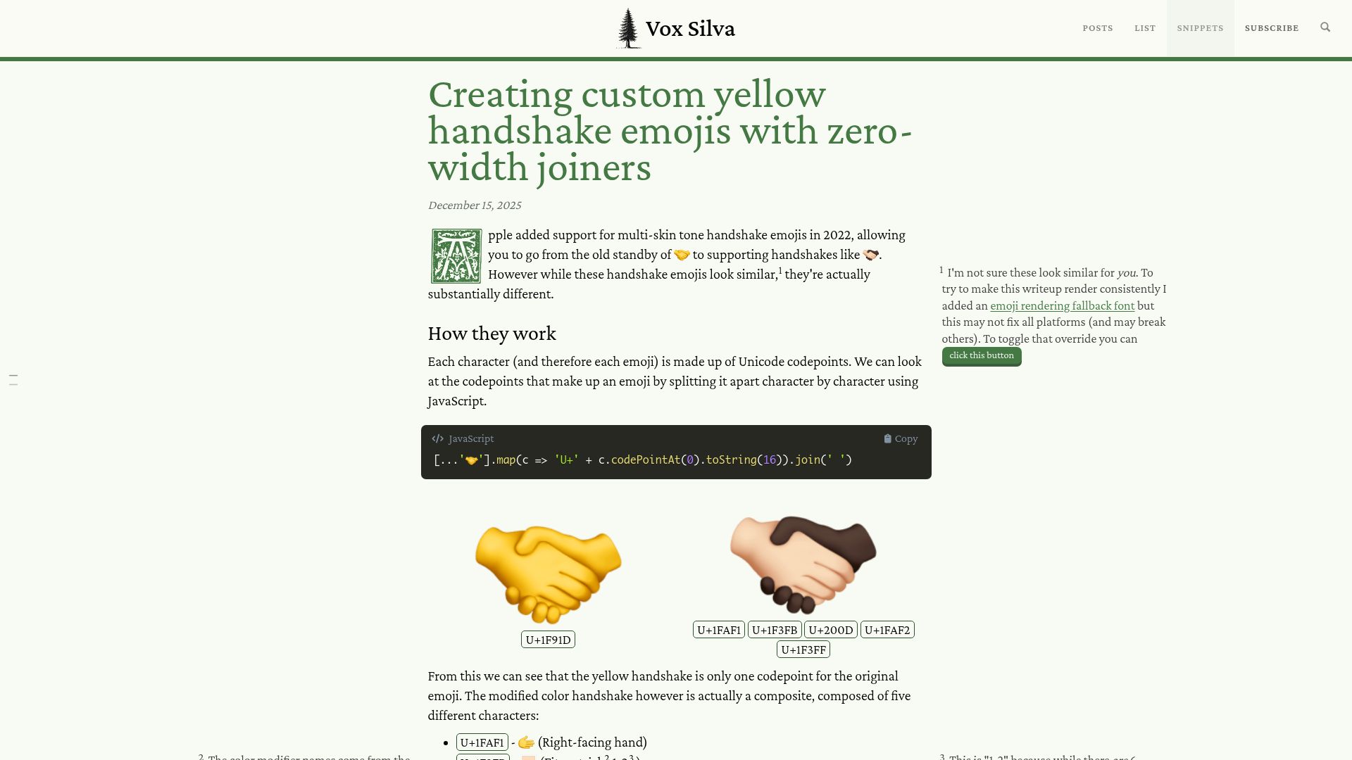 Screenshot of blog.alexbeals.com: Creating custom yellow handshake emojis with zero-width joiners