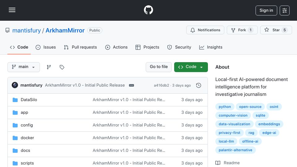 Screenshot of github.com: ArkhamMirror: Airgapped investigation platform with CIA-style hypothesis testing