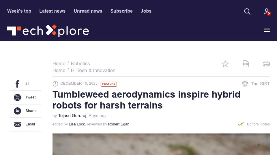 Screenshot of techxplore.com: Tumbleweed aerodynamics inspire hybrid robots for harsh terrains