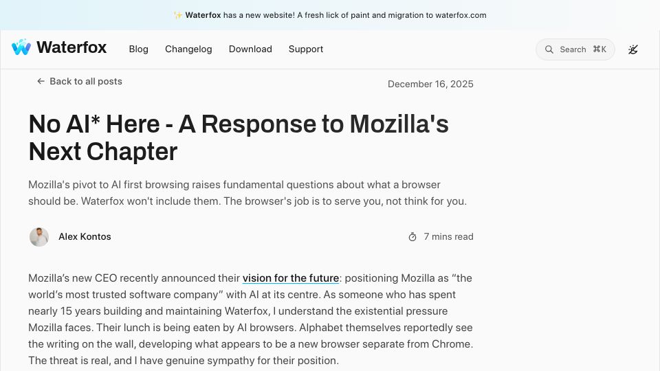 Screenshot of waterfox.com: No AI* Here – A Response to Mozilla's Next Chapter