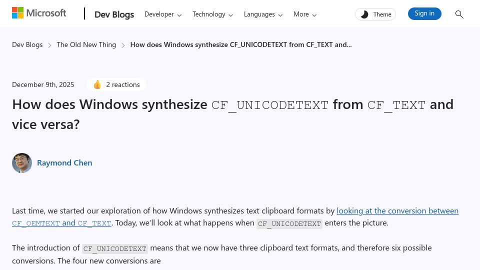 Screenshot of devblogs.microsoft.com: How does Windows synthesize CF_Unicode­TEXT from CF_TEXT and vice versa?
