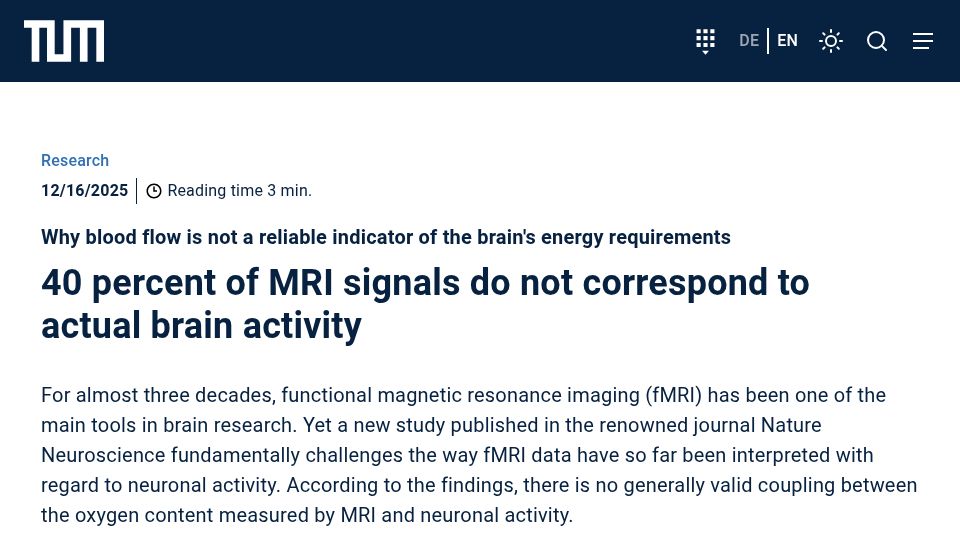 Screenshot of tum.de: 40 percent of fMRI signals do not correspond to actual brain activity