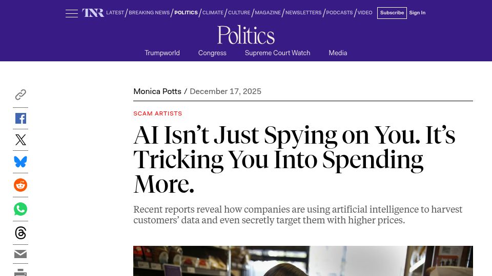 Screenshot of newrepublic.com: AI Isn't Just Spying on You. It's Tricking You into Spending More
