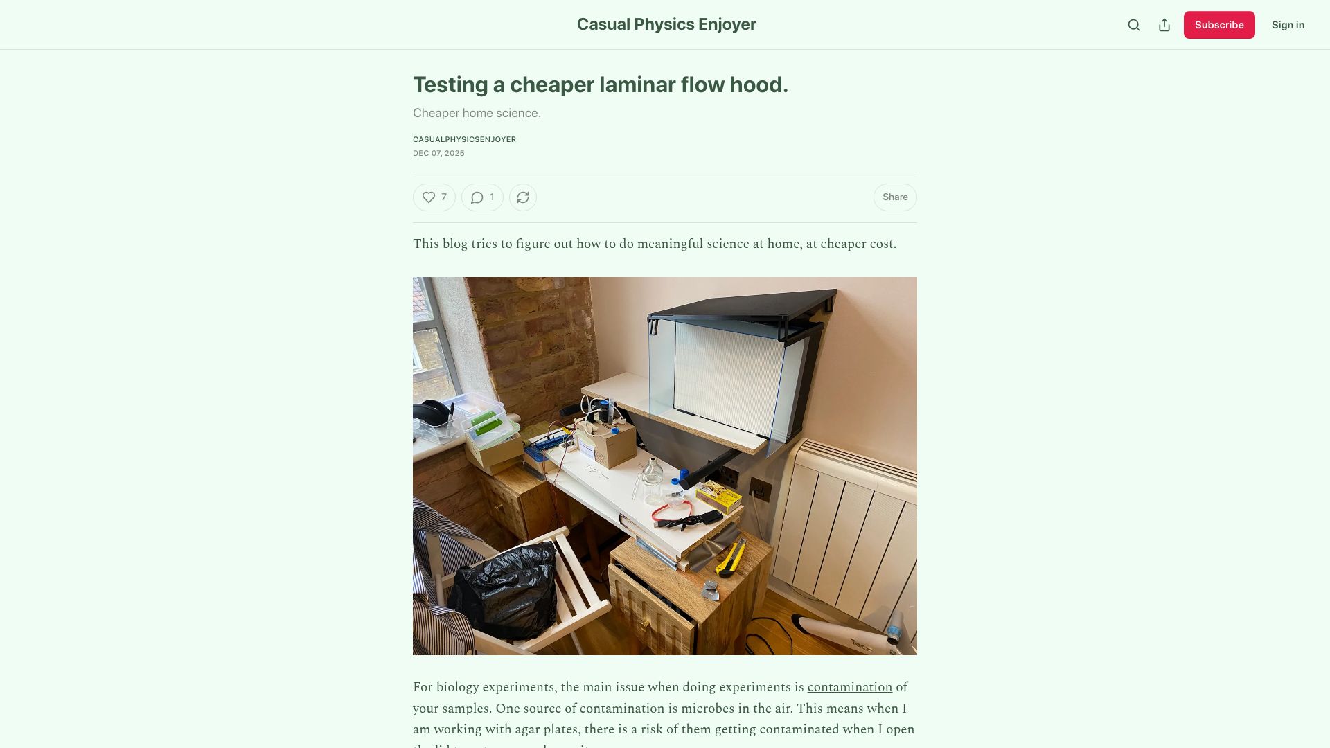 Screenshot of chillphysicsenjoyer.substack.com: Testing a cheaper laminar flow hood