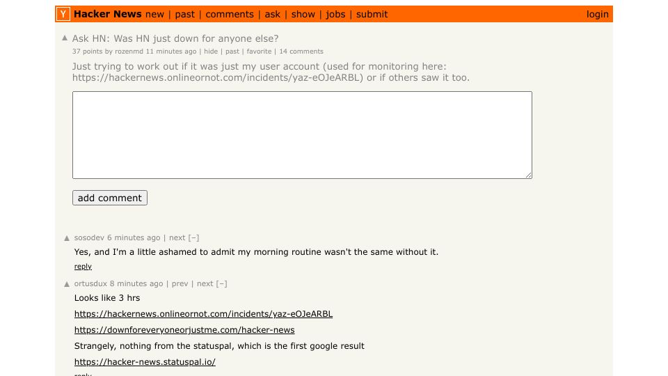 Screenshot of Hacker News post: Ask HN: Was HN just down for anyone else?