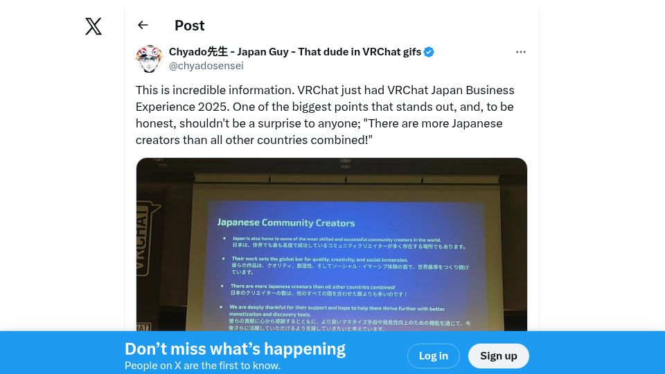 Screenshot of twitter.com: VRChat: “There are more Japanese creators than all other countries combined”