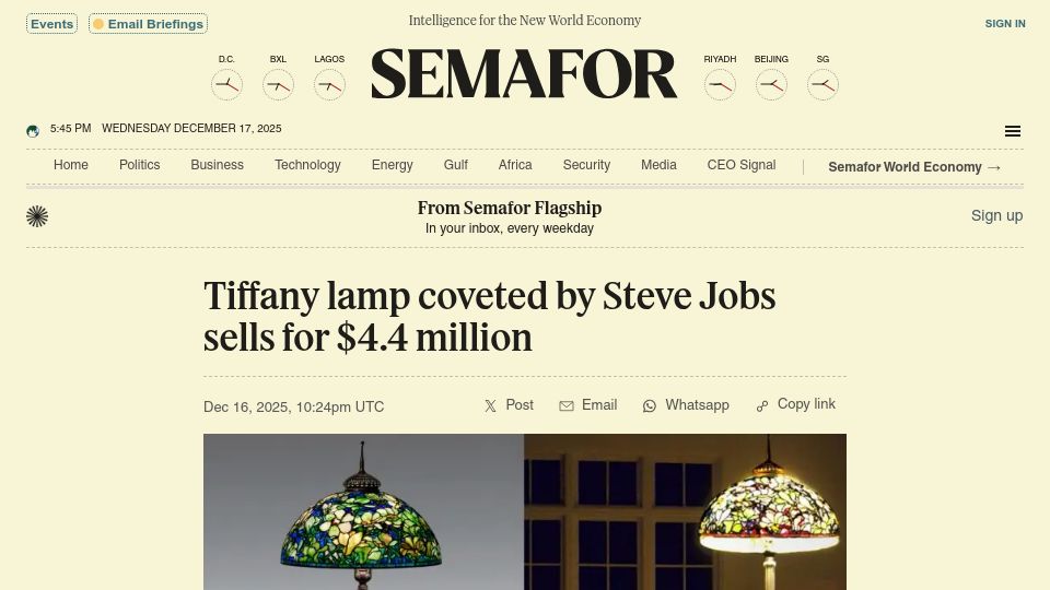 Screenshot of semafor.com: Tiffany lamp coveted by Steve Jobs sells for $4.4M
