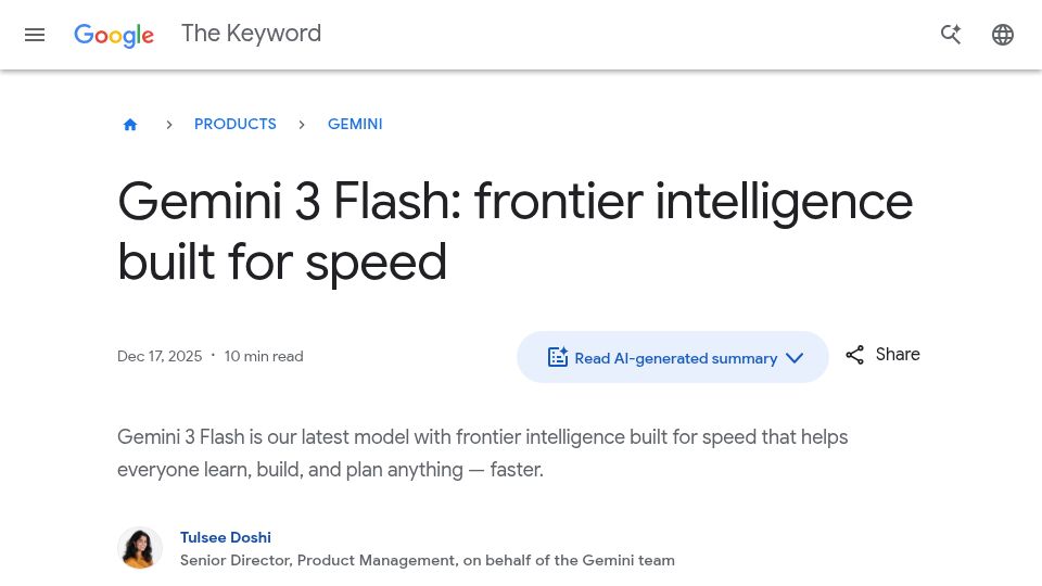 Screenshot of blog.google: Gemini 3 Flash: Frontier intelligence built for speed
