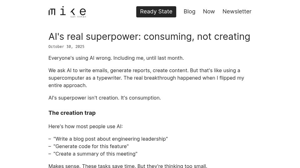 Screenshot of msanroman.io: AI's real superpower: consuming, not creating