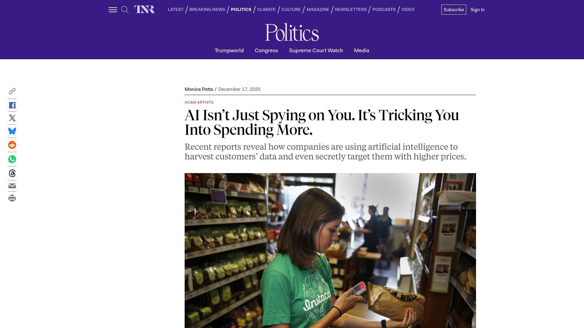 Screenshot of newrepublic.com: AI Isn't Just Spying on You. It's Tricking You into Spending More