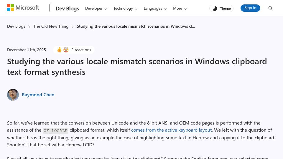 Screenshot of devblogs.microsoft.com: Various locale mismatch scenarios in Windows clipboard text format synthesis