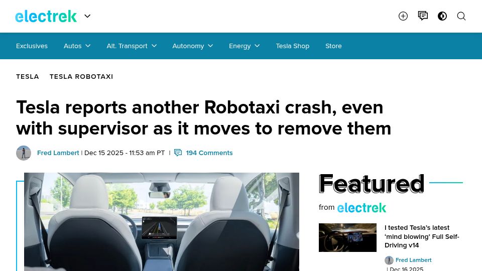 Screenshot of electrek.co: Tesla Robotaxis in Austin Crash 12.5x More Frequently Than Humans