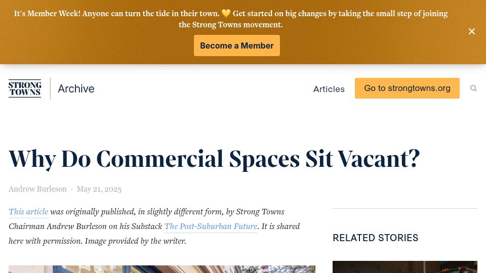 Screenshot of archive.strongtowns.org: Why do commercial spaces sit vacant?