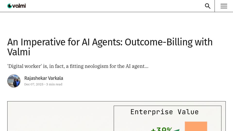 Screenshot of valmi.io: Why outcome-billing makes sense for AI Agents