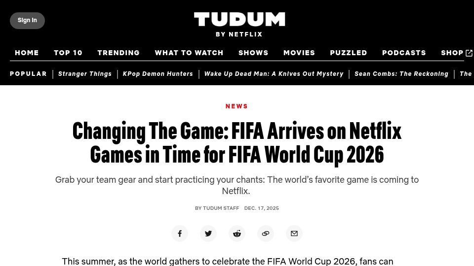 Screenshot of netflix.com: FIFA Arrives on Netflix Games