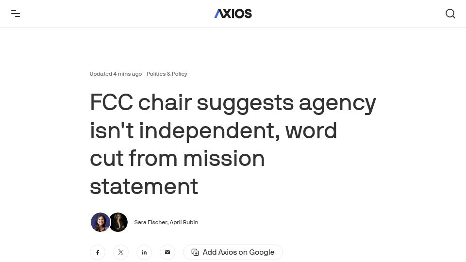 Screenshot of axios.com: FCC chair suggests agency isn't independent, word cut from mission statement