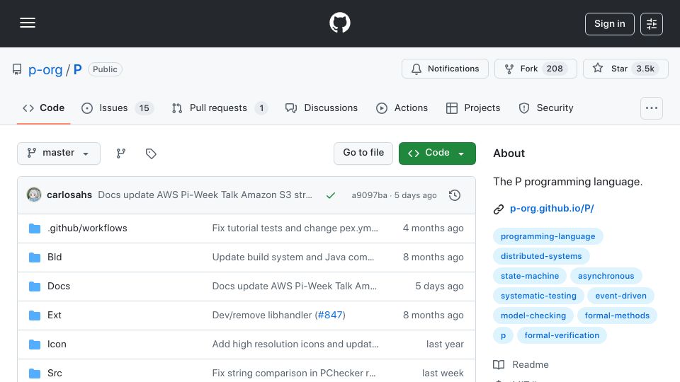 Screenshot of github.com: P: Formal Modeling and Analysis of Distributed (Event-Driven) Systems
