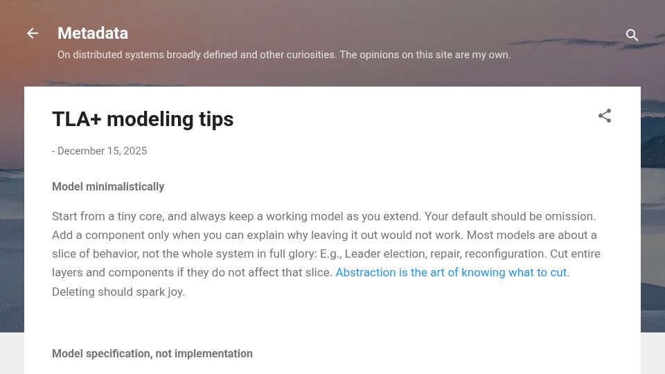 Screenshot of muratbuffalo.blogspot.com: TLA+ Modeling Tips