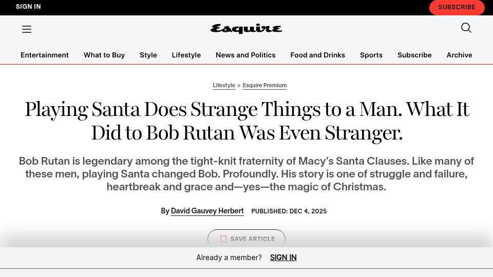 Screenshot of esquire.com: Playing Santa changed Bob Rutan profoundly