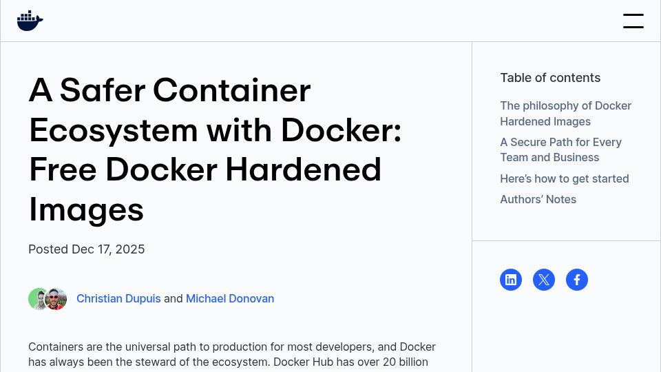 Screenshot of docker.com: A Safer Container Ecosystem with Docker: Free Docker Hardened Images